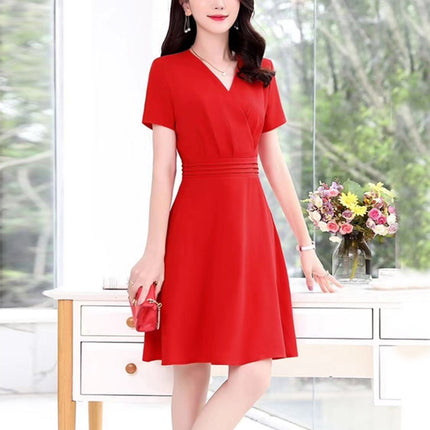 Pleated Waist Surplice Neck Short Sleeves Mini Dress - Red