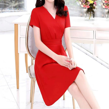 Pleated Waist Surplice Neck Short Sleeves Mini Dress - Red