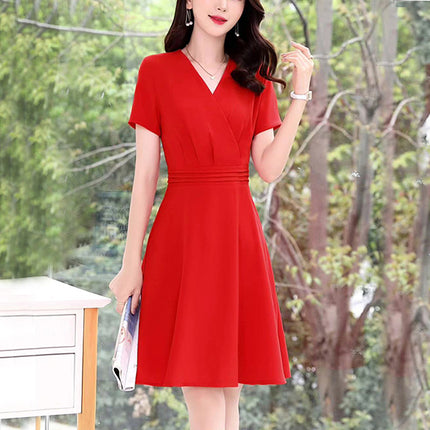 Pleated Waist Surplice Neck Short Sleeves Mini Dress - Red