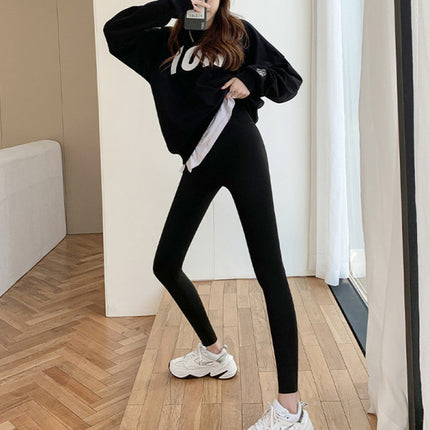 High Waist Elastic Hip Lifting Solid Color Women Trousers - Black