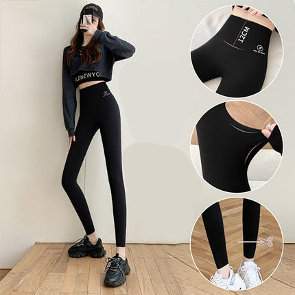 High Waist Elastic Hip Lifting Solid Color Women Trousers - Black