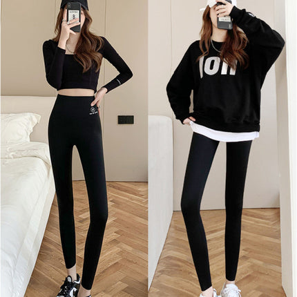 High Waist Elastic Hip Lifting Solid Color Women Trousers - Black