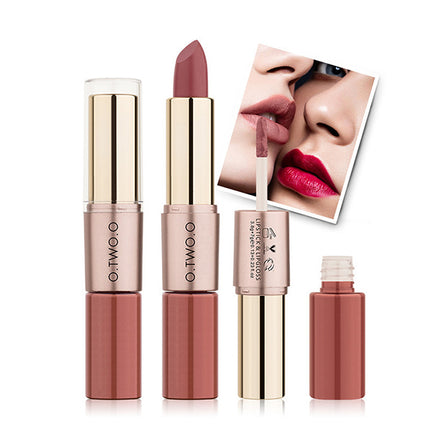 2 In 1 Radiant Lips Luxury Shiny Lip Gloss Lipstick - 02 - Bean Red