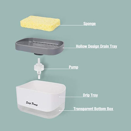 Easy Push Dish Wash Liquid Soap Dispenser With Sponge - Gray White