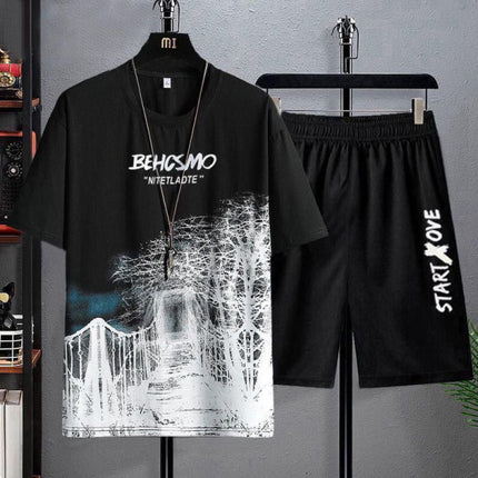 Printed Loose Digital Print Two Pieces Men's Matching Set - Black