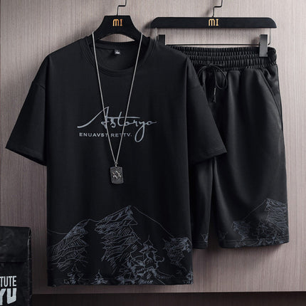 Two Pieces Printed Loose Casual Men's Matching Set - Black