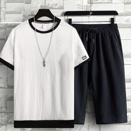 Thin Fabric Round Neck T-Shirt String Waist Shorts Men 2Pcs Set - White