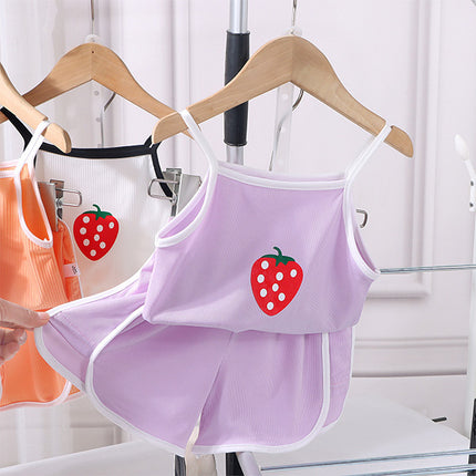 Sleeveless Strawberry Print Casual Kids Matching Set - Light Purple