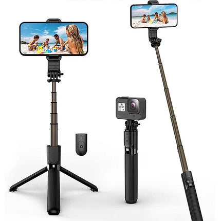 Aluminum Selfie Stick Tripod with Phone Holder Wireless Battery Powered Black Color Compatible with All Phone Models Bluetooth Remote