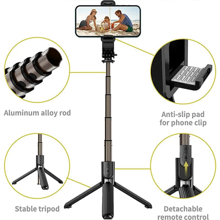 Aluminum Selfie Stick Tripod with Phone Holder Wireless Battery Powered Black Color Compatible with All Phone Models Bluetooth Remote