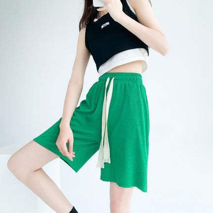 Trendy and Comfy High Waist Elastic Drawstring Shorts in Solid Green Shade for Women