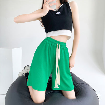 Trendy and Comfy High Waist Elastic Drawstring Shorts in Solid Green Shade for Women