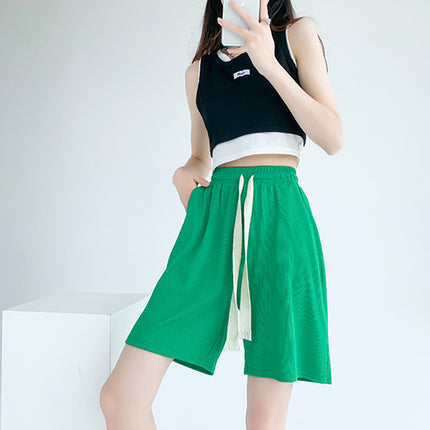 Trendy and Comfy High Waist Elastic Drawstring Shorts in Solid Green Shade for Women