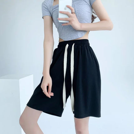 Fashionable Black Drawstring High Waist Women's Casual Running Shorts