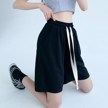 Fashionable Black Drawstring High Waist Women's Casual Running Shorts