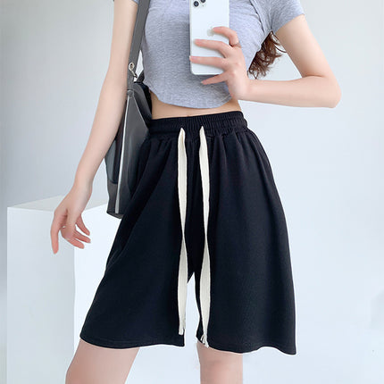 Fashionable Black Drawstring High Waist Women's Casual Running Shorts