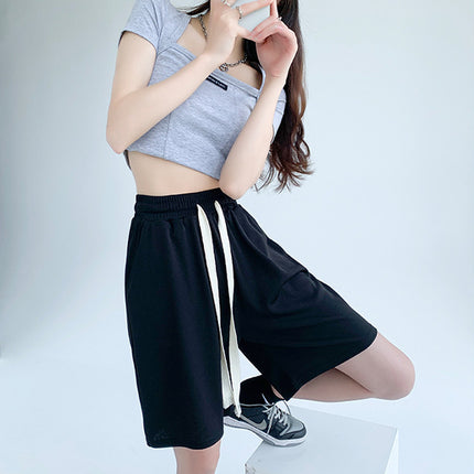 Fashionable Black Drawstring High Waist Women's Casual Running Shorts