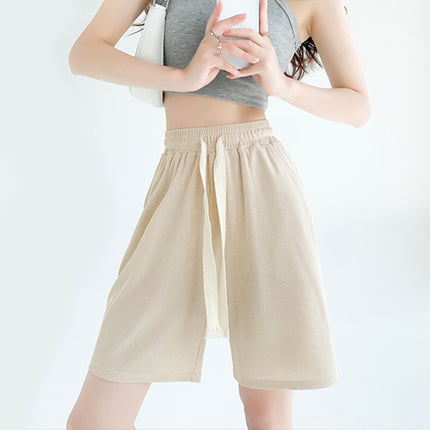 Beige Elastic Waist Drawstring Shorts for Women Casual Fashionable and Comfortable High-Waist Running Shorts