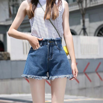 Ultimate Denim Chic Navy High-Waisted Wide Leg Shorts for Women On-Trend Fringed Loose Fit and A-line Shape Perfect for Casual Occasions