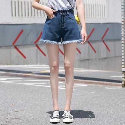 Ultimate Denim Chic Navy High-Waisted Wide Leg Shorts for Women On-Trend Fringed Loose Fit and A-line Shape Perfect for Casual Occasions