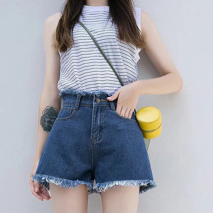 Ultimate Denim Chic Navy High-Waisted Wide Leg Shorts for Women On-Trend Fringed Loose Fit and A-line Shape Perfect for Casual Occasions