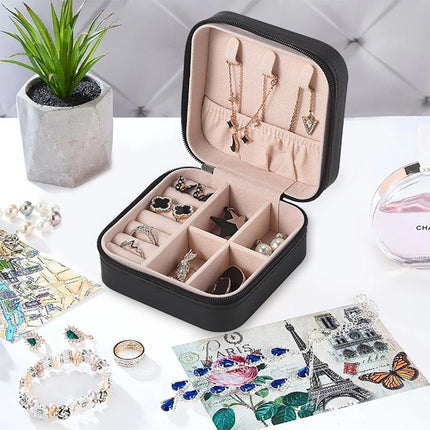 Sleek Black PU Leather Earrings Cosmetics Organizer Double Storage Jewelry Box Organize and store your accessories in style!