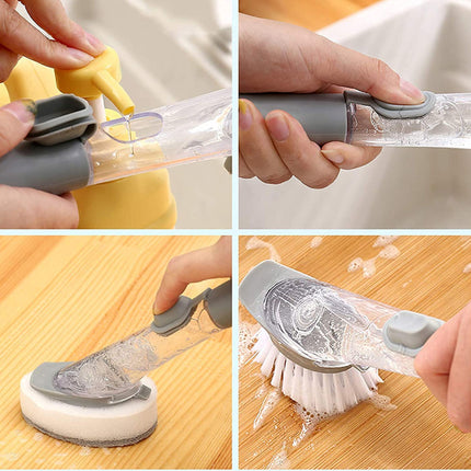 2 In 1 Double Head Long Handle Automatic Liquid Dispenser Washing Pot Brush Multi-Function Dishwashing Cleaning Sponge