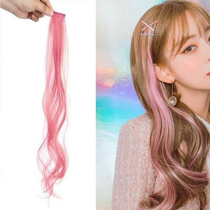 1 Piece Invisible Hair Highlight Wigs Extension Long Curly Natural Look Pink - 22 Inches