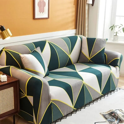 Stylish and Stretchable Multicolor Geometric Print Sofa Cover with Cushion Set Fits 2 Seater Sofa (145-185cm)