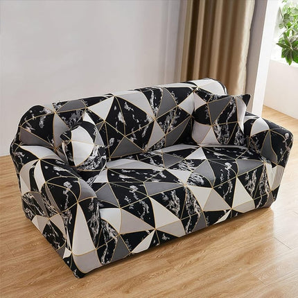 Eye-Catching Geometric Print Elastic Sofa Cover with Cushion Set High Stretch Soft Fabric Fits 2 Seater Sofa 145-185cm