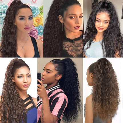 22 Inches Long Curly Ladies Hair Wig Natural Looking Female Synthetic Drawstring Clip-In Women Dark Brown Hair Wigs Extension Ponytail