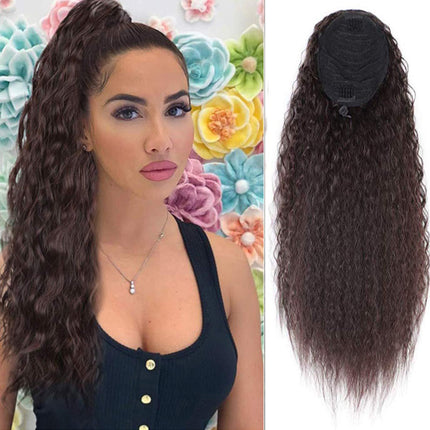 22 Inches Long Curly Ladies Hair Wig Natural Looking Female Synthetic Drawstring Clip-In Women Dark Brown Hair Wigs Extension Ponytail