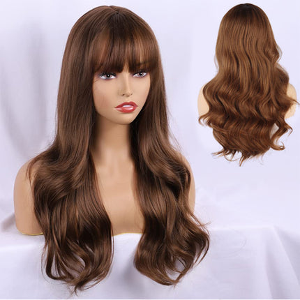 30 Inches Brown Hair Wig Women Fashion Fake Wigs Long Big Wave Curly Full Cover Ladies Natural Looking Female Synthetic Fiber Girls Shiny Brown Extension Ponytail