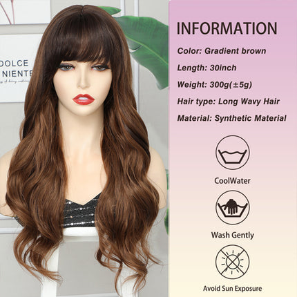 30 Inches Brown Hair Wig Women Fashion Fake Wigs Long Big Wave Curly Full Cover Ladies Natural Looking Female Synthetic Fiber Girls Shiny Brown Extension Ponytail