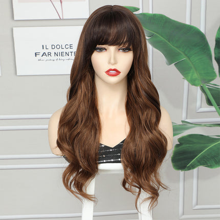 30 Inches Brown Hair Wig Women Fashion Fake Wigs Long Big Wave Curly Full Cover Ladies Natural Looking Female Synthetic Fiber Girls Shiny Brown Extension Ponytail