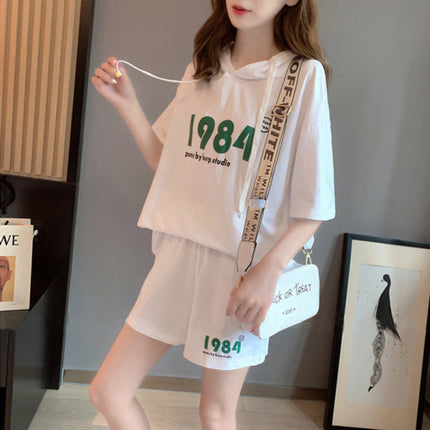 White Alphabetic Print Hoodie Shorts Set for Women Casual Loose Fit Summer Two Piece Set with Short Sleeves and Mini Length