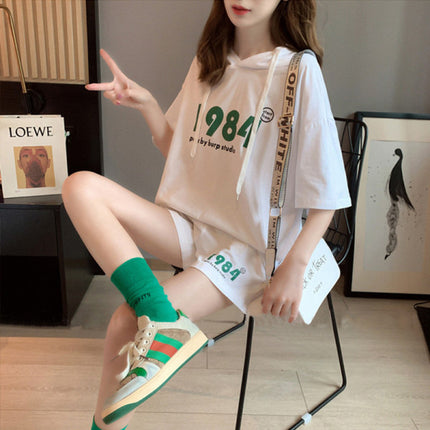 White Alphabetic Print Hoodie Shorts Set for Women Casual Loose Fit Summer Two Piece Set with Short Sleeves and Mini Length