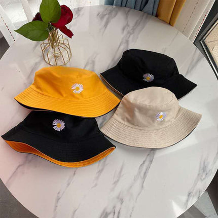 Round Covered Sun Protective Canvas Light Weight Women Wear Outdoor Girls Fashion Reversible Bucket Hat Women's Cap Fine Quality Fabric Unisex Summer Men Beach Wear Daisy Flower Double Sided Caps