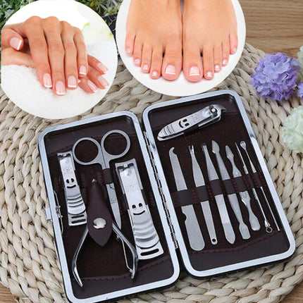 12 In 1 Stainless Steel Pedicure Manicure Kit Nail Cutter Set Nipper Clipper Cleaning Tools Personal Care Scissor Tweezer Nail Care Ear Pick 12 Pieces Box