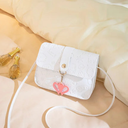 Cartoon Heart Shoulder Bag Button Closure Synthetic Leather Casual Style White Color Perfect Mini Bag for Fashionable Women