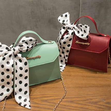 Polka Dots Print Bow Design Chain Strap Handle Magnetic Button Closure Women Handbags