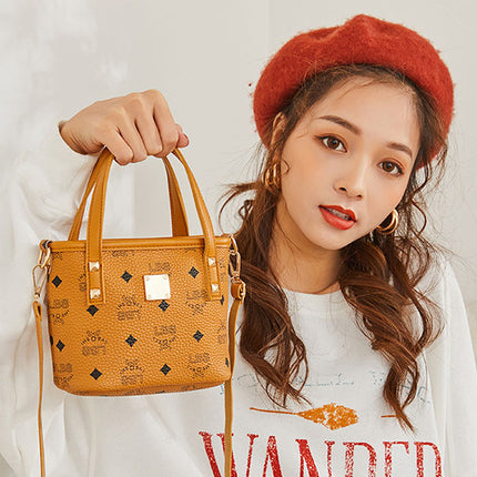 Synthetic Leather Zipper Closure Letter Printed Shoulder Strap Premium Quality Mini Handbags - Brown