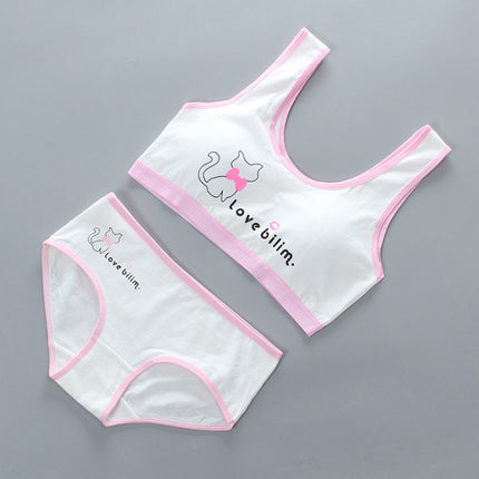 Padded Two Pieces Cat Print Summer Wear Sports Inner Undergarments 2 Piece Set For Girls - 8-14 Years - White Pink