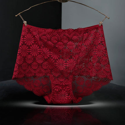 See Through Floral Lace Patched Summer Thin Fabric Women Underwear - Wine Red