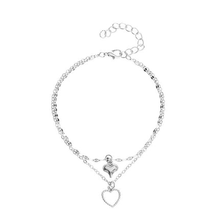 Glamorous Silver Plated Double Layered Heart Patched Braid Chain Anklets Perfect for Parties Casual Wear or Home Use