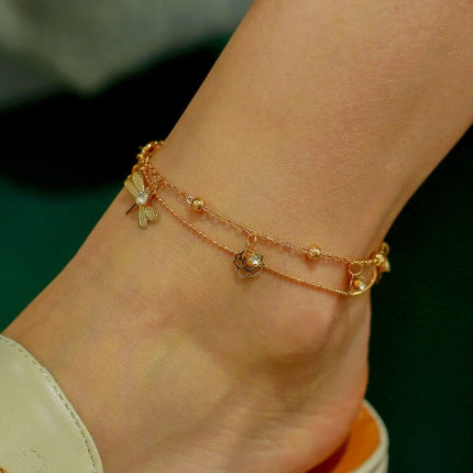 Golden Beach Glam Anklets Crystal Patched Women's Gold Plated Jewelry for Casual Party and Home Wear