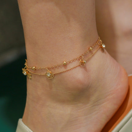 Golden Beach Glam Anklets Crystal Patched Women's Gold Plated Jewelry for Casual Party and Home Wear