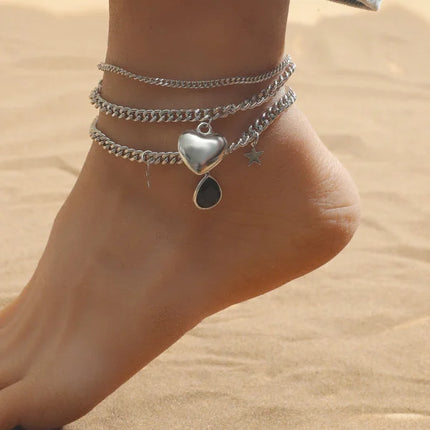 Silver Star Heart Rhinestone Anklet Stylish Multi-Layered Braided Design with Hook Closure Perfect for Beach Wear & Fashion