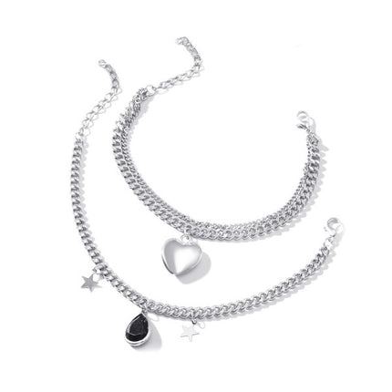 Silver Star Heart Rhinestone Anklet Stylish Multi-Layered Braided Design with Hook Closure Perfect for Beach Wear & Fashion