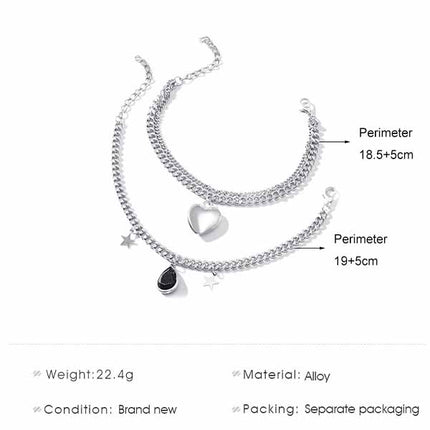 Silver Star Heart Rhinestone Anklet Stylish Multi-Layered Braided Design with Hook Closure Perfect for Beach Wear & Fashion